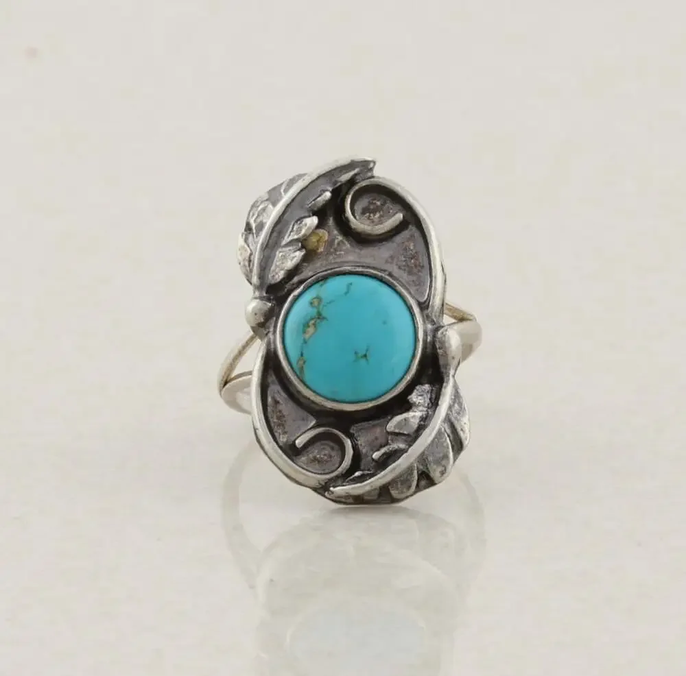 Sterling Silver Natural Turquoise Ring Leaf Design Size 5 1/2 Woman Teen Child
